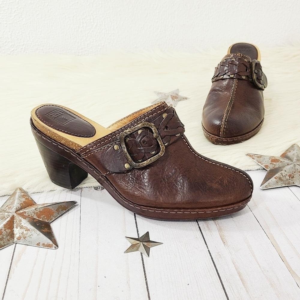 Frye Candice woven clogs dark brown leather Buckle mules Women's size 9